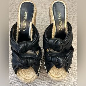 Women’s Jimmy Choo black leather, cork wedge, never worn, size 6.5